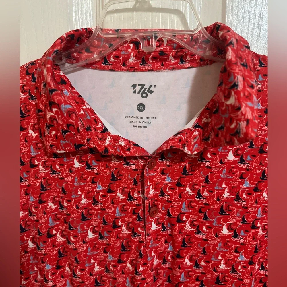 NWOT Men’s Big & Tall 1764 Golf Polo Red Sail Boats Performance Sporty. Size 2XL